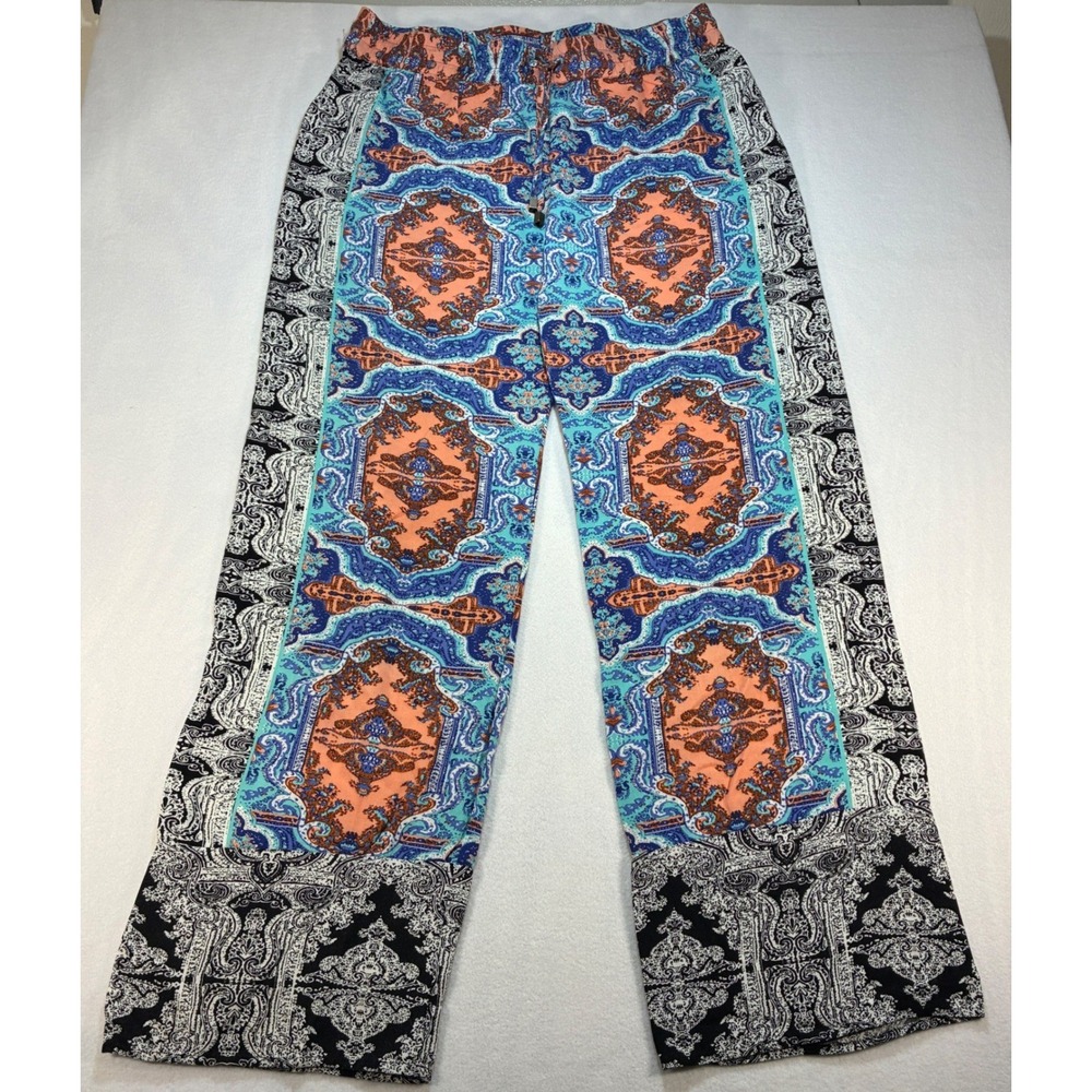 Lucy & Laurel Paisley Mixed Print Wide Leg Pants Women Large Blue Orange Boho